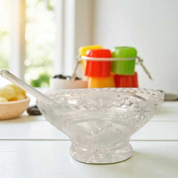 American Brilliant Period Hand Cut Crystal Dish & Spoon - Picture 1 of 6